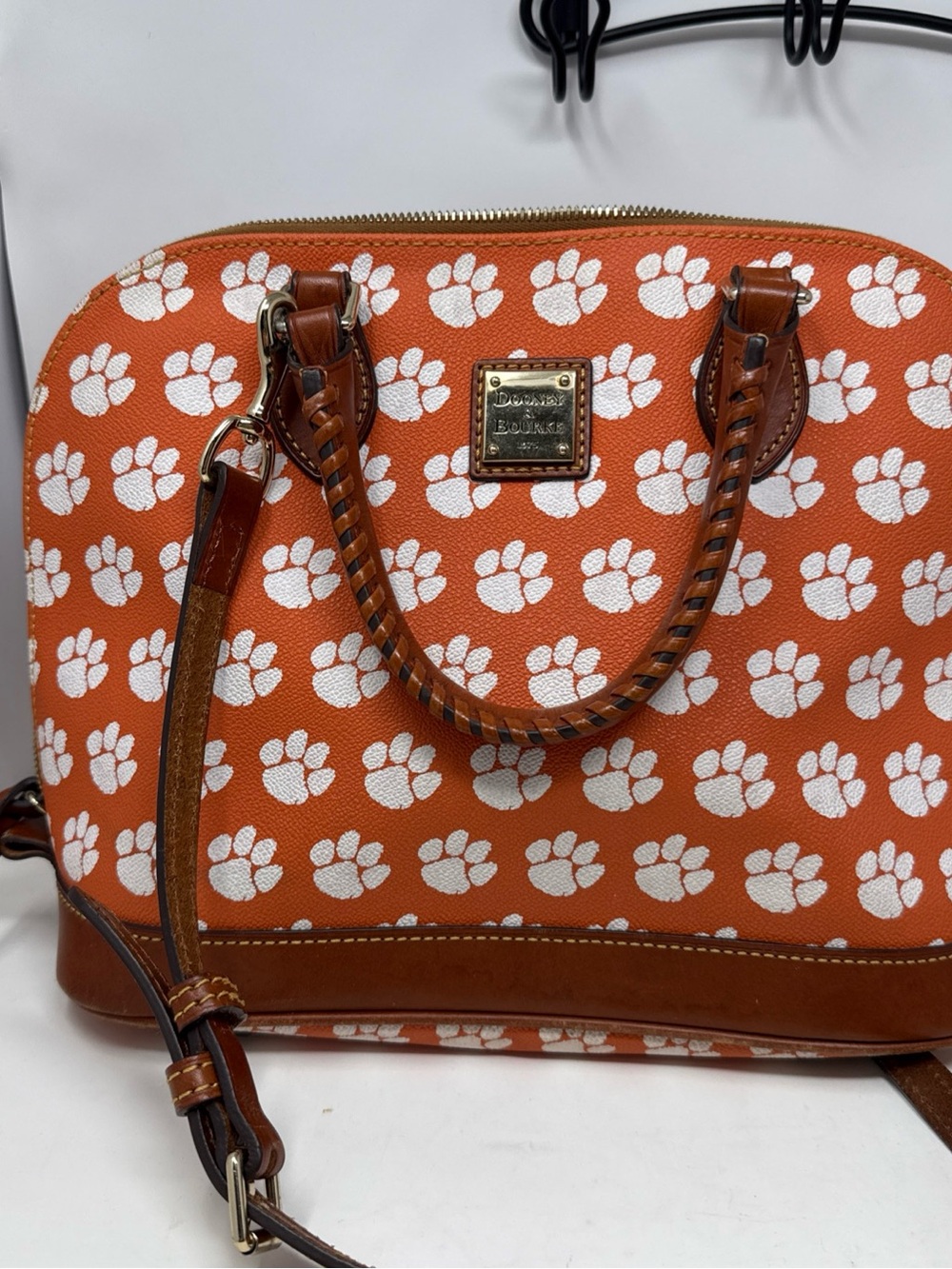 Dooney & Bourke Orange and White Paw-Print Satchel Clemson Tigers